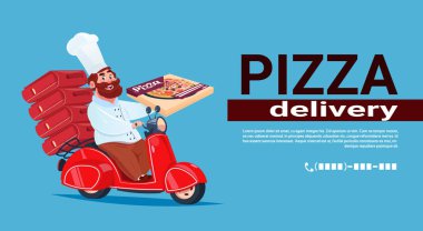 Hızlı Pizza teslim kavramı şef aşçı kırmızı motorlu bisiklet sürme