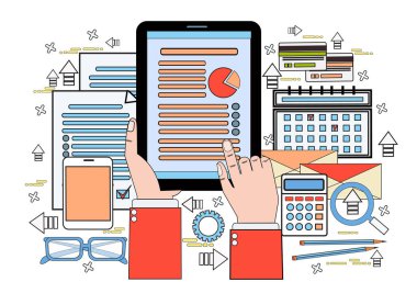El kullanım dijital Tablet ekonomi grafik iş adam dokunmatik ekran istatistik veri raporu işadamı belgeler Office Resepsiyon çalışma alanı üzerinde
