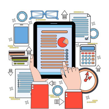 Tablet ekonomi grafik iş adam el dokunmatik ekran verileri raporu, işadamı belgeleri Office Resepsiyon çalışma alanı