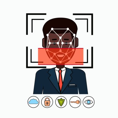 Tarama yüz tanıma ve tanımlama sistemi Biometrical kimlik Afrikalı-Amerikalı iş adamı yüz