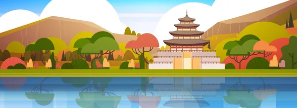 Hermoso paisaje de Corea del Sur Palacio tradicional o templo sobre las montañas coreano famoso punto de vista — Vector de stock