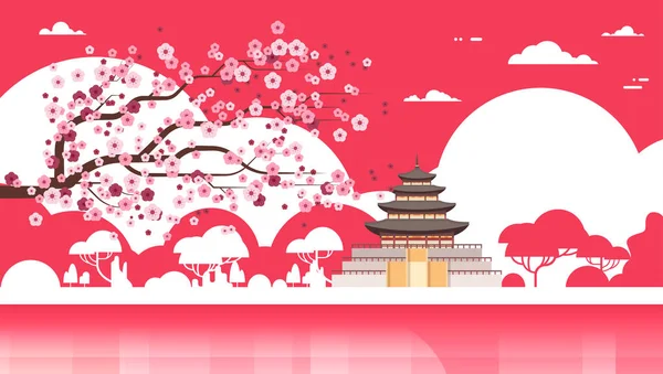 Korea Temple sziluettje poszter palota felett Sakura fák Dél-koreai híres mérföldkő megtekintése — Stock Vector