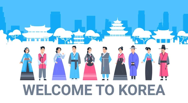 Ласкаво просимо в Кореї люди в традиційні костюми Over палацу Корейська визначні силует туризму плакат — стоковий вектор