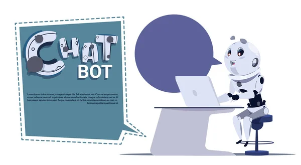 Chat Bot χαριτωμένο ρομπότ χρήση φορητό υπολογιστή πρότυπο πανό με διάστημα αντίγραφο, φλυαρία ή Chatterbot έννοια υπηρεσία εικονική τεχνική υποστήριξη — Διανυσματικό Αρχείο