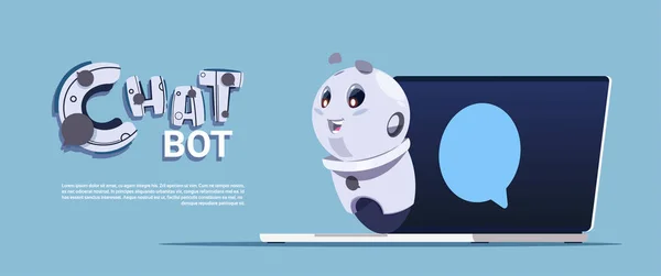 Chat Bot υπηρεσία χαριτωμένο ρομπότ στο φορητό υπολογιστή πρότυπο Banner με διάστημα αντίγραφο, φλυαρία ή Chatterbot τεχνική υποστήριξη App έννοια — Διανυσματικό Αρχείο