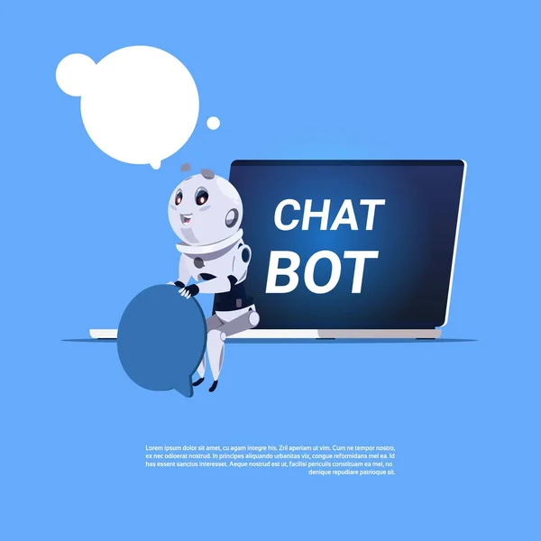 Chat Bot App τεχνικής υποστήριξης στο lap-top πρότυπο Banner με διάστημα αντίγραφο, φλυαρία ή Chatterbot έννοια Virtual Web υπηρεσία — Διανυσματικό Αρχείο