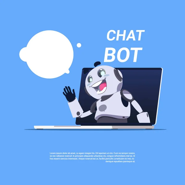 Chat Bot dienst schattig Robot In Laptop Computer sjabloon Banner met kopie ruimte, Chatter of Chatterbot technische ondersteuning App Concept — Stockvector