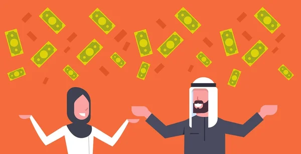 Riche couple arabe homme d'affaires et femme jetant de l'argent vers le haut musulman concept de réussite financière — Image vectorielle