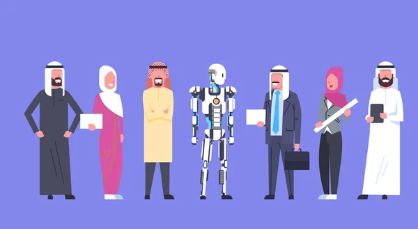 Human and Robot Cooperation, Arab Business People Group With Modern Robotic, Artificial Intelligence Concept — стоковый вектор