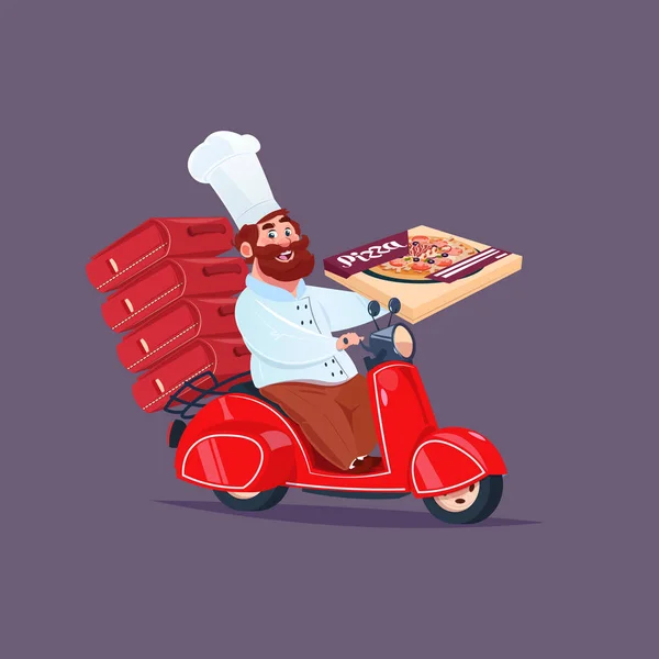 Chef cuisinier équitation moto rouge concept de livraison rapide de pizza — Image vectorielle