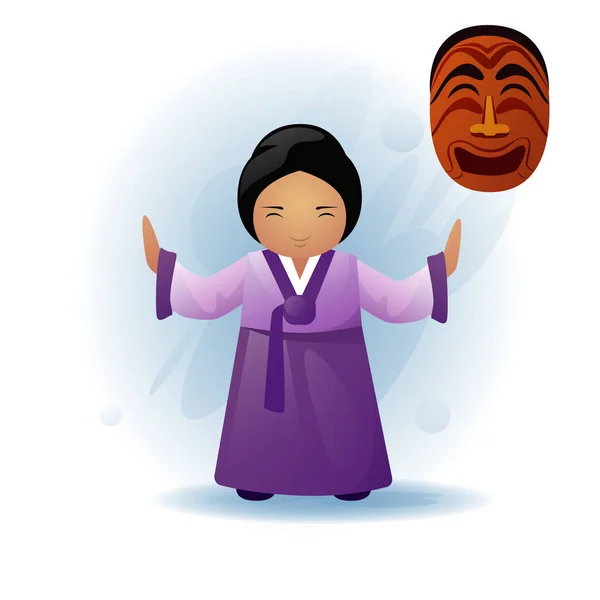 Женщина в традиционной азиатской одежде Кимоно Танцующая этническая племенная маска — стоковый вектор