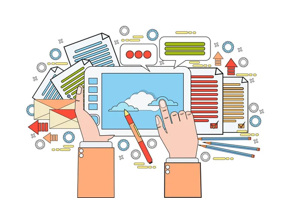 Outil de concepteur graphique sur le lieu de travail mains tenant le dessin numérique de comprimé avec le processus créatif de stylo — Image vectorielle