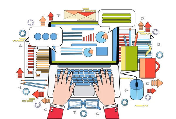 Manos de trabajo en el ordenador portátil Gráfico de finanzas Estadística de negocios Informe de datos Oficina Escritorio Lugar de trabajo — Vector de stock