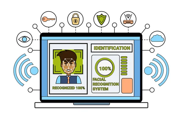 Laptop Computer Identification System Biometrical Identification Business Man Face Scanning Face Recognition Concept — Stock Vector