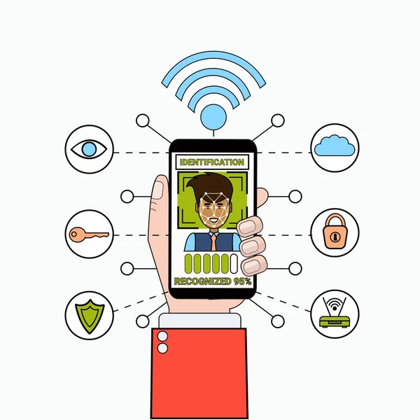 Concetto di identificazione biometrica del sistema di riconoscimento e identificazione del viso dell'utente maschio di scansione dello Smart Phone — Vettoriale Stock