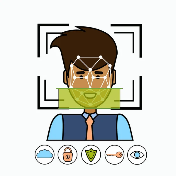 Arc-felismerés és azonosító rendszer biometrikus azonosító üzleti ember arca szkennelés — Stock Vector
