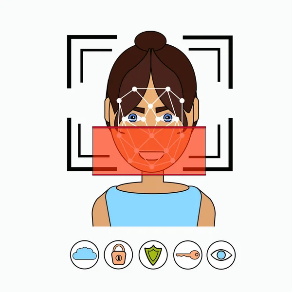 Sistema de reconhecimento e identificação facial Identificação biométrica Varredura de rosto de mulher de negócios — Vetor de Stock