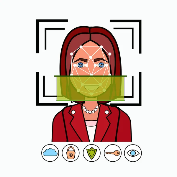 Reconocimiento facial y sistema de identificación Identificación biométrica Business Woman Face Scanning — Archivo Imágenes Vectoriales