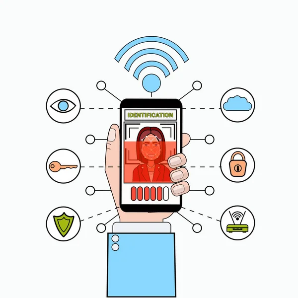 Kezében a szúró telefon fürkésző női felhasználó Szembenéz Felismerés és azonosító rendszer biometrikus azonosító koncepció — Stock Vector