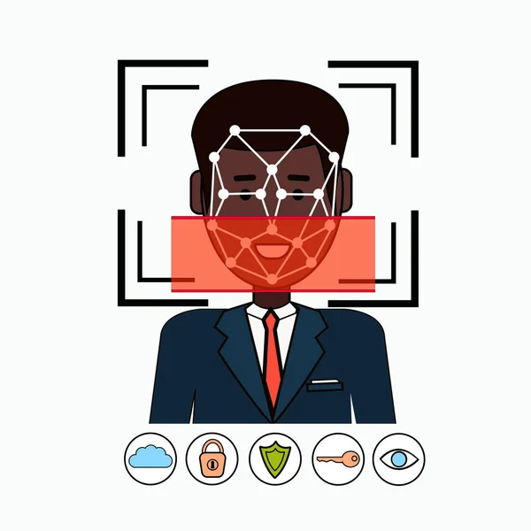 Gezichtsherkenning en identificatiesysteem biometrische identificatie African American Business Man gezicht scannen — Stockvector