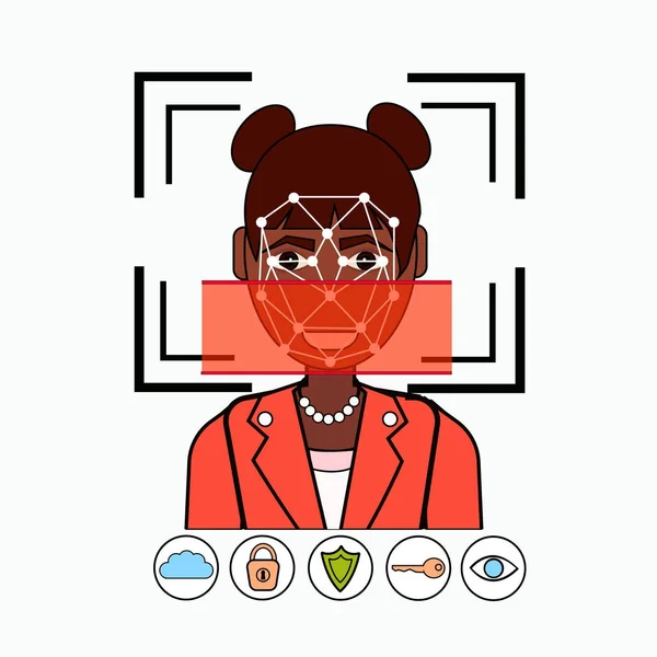 Arc-felismerés és azonosító rendszer biometrikus azonosító afro-amerikai üzleti nő arca szkennelés — Stock Vector