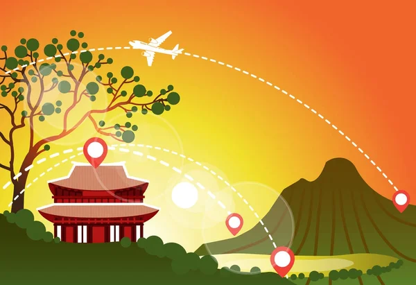 韩国旅游地标风景秀丽寺庙日落在山看亚洲旅游目的地概念 — 图库矢量图片
