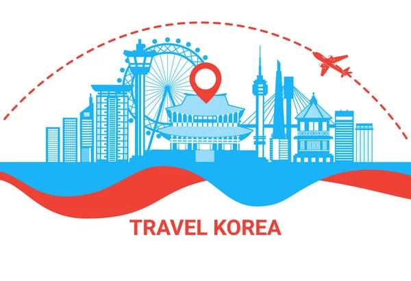 Viaje a Corea del Sur Cartel de silueta con famosos puntos de referencia coreanos en fondo blanco Travel Destination Concept — Vector de stock