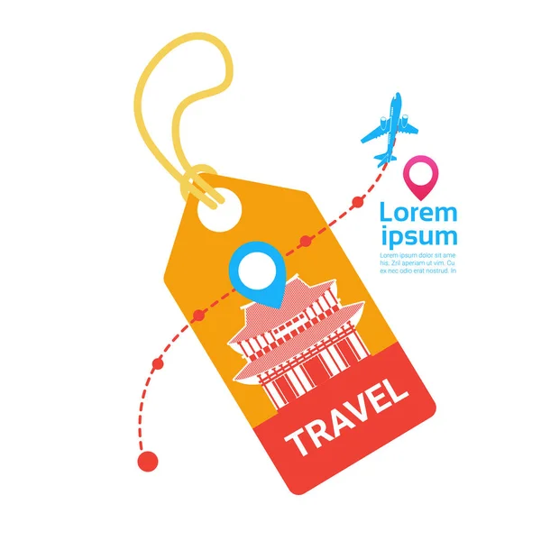 Travel Tag met vliegtuig sjabloon achtergrond Zuid-Korea vakantie bestemming Concept — Stockvector