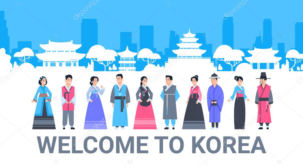 Welcome To Korea People In Traditional Costumes Over Palace Famous Korean Landmarks Silhouette Tourism Poster