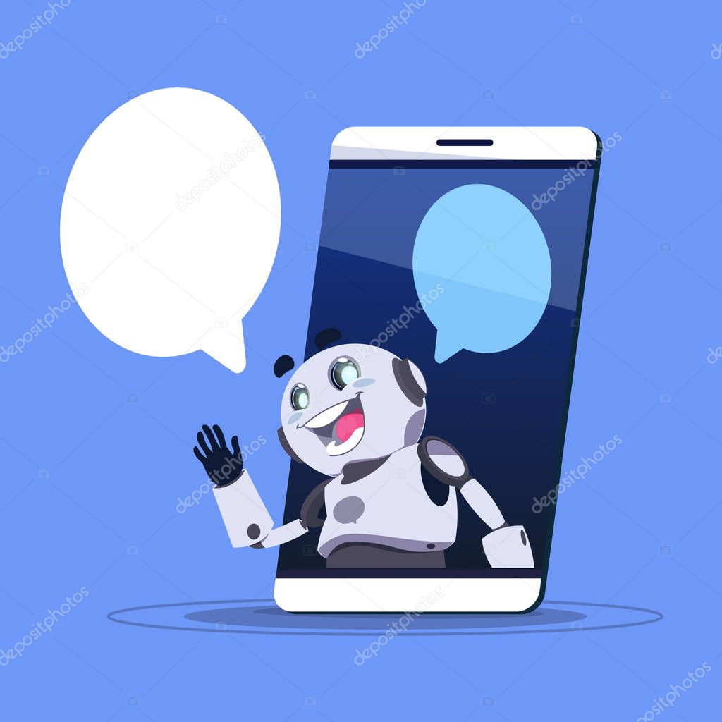 Chat Bot App Of Technical Support In Smart Phone Template Banner With Copy Space, Chatter Or Chatterbot Virtual Web Service Concept