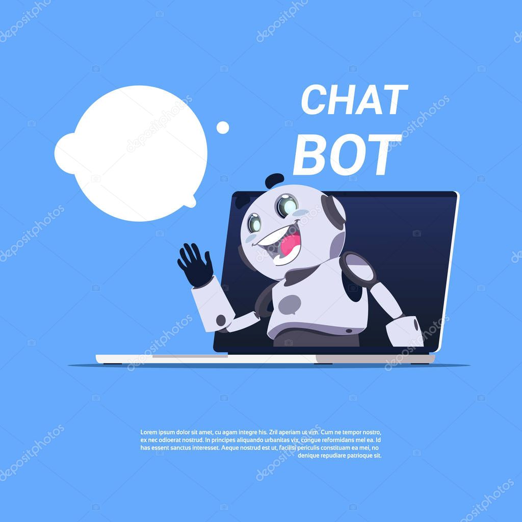 Chat Bot Service Cute Robot In Laptop Computer Template Banner With Copy Space, Chatter Or Chatterbot Technical Support App Concept