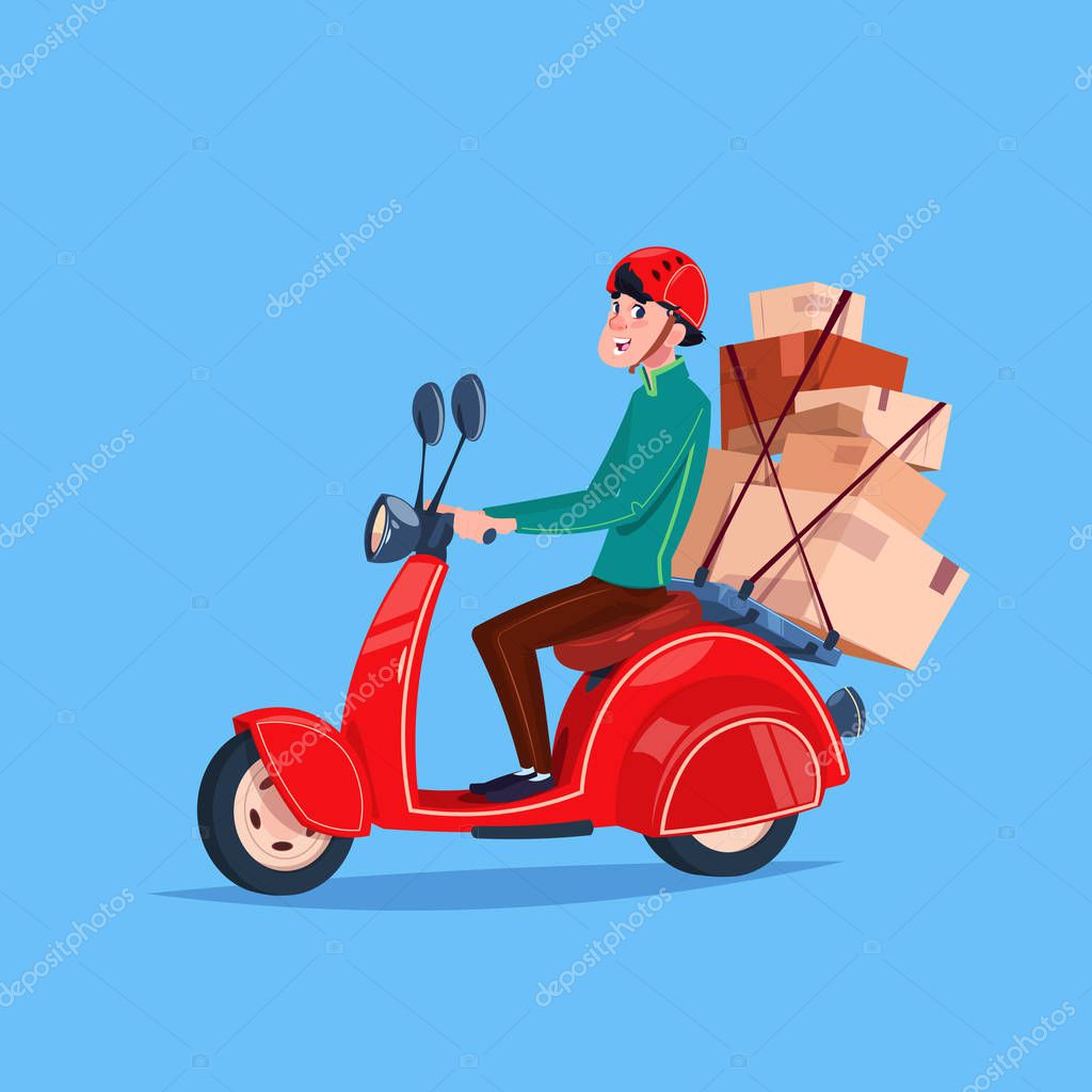 Express Delivery Service Icon Courier Boy Riding Motor Bike With Boxes Flat Vector Illustration
