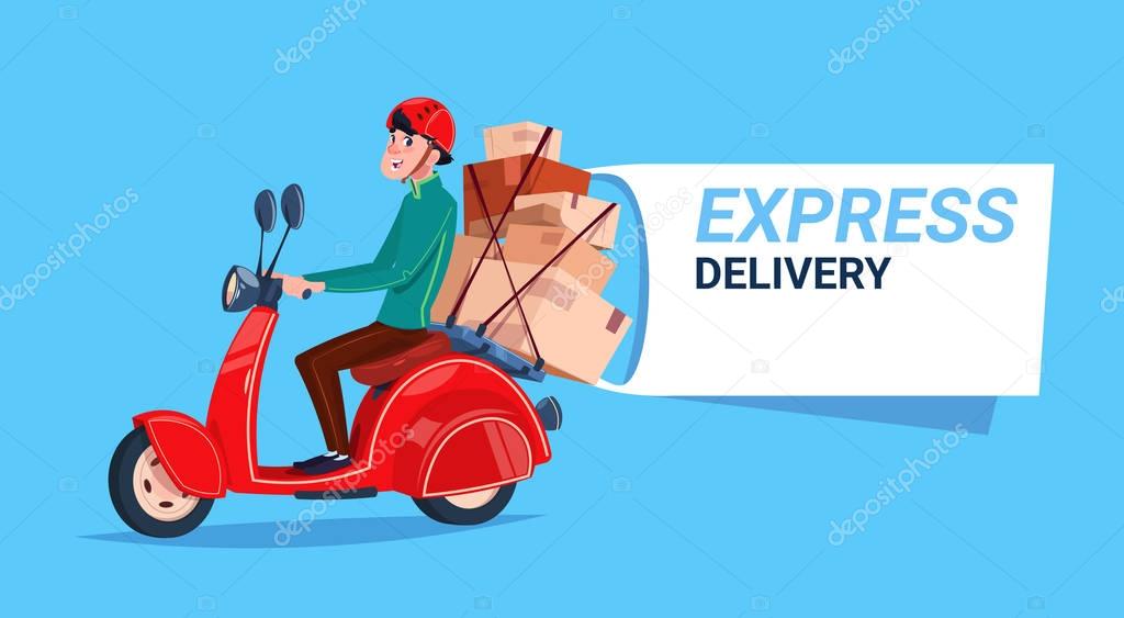 Express Delivery Service Icon Courier Boy Riding Motor Bike Template Banner With Copy Space Flat Vector Illustration