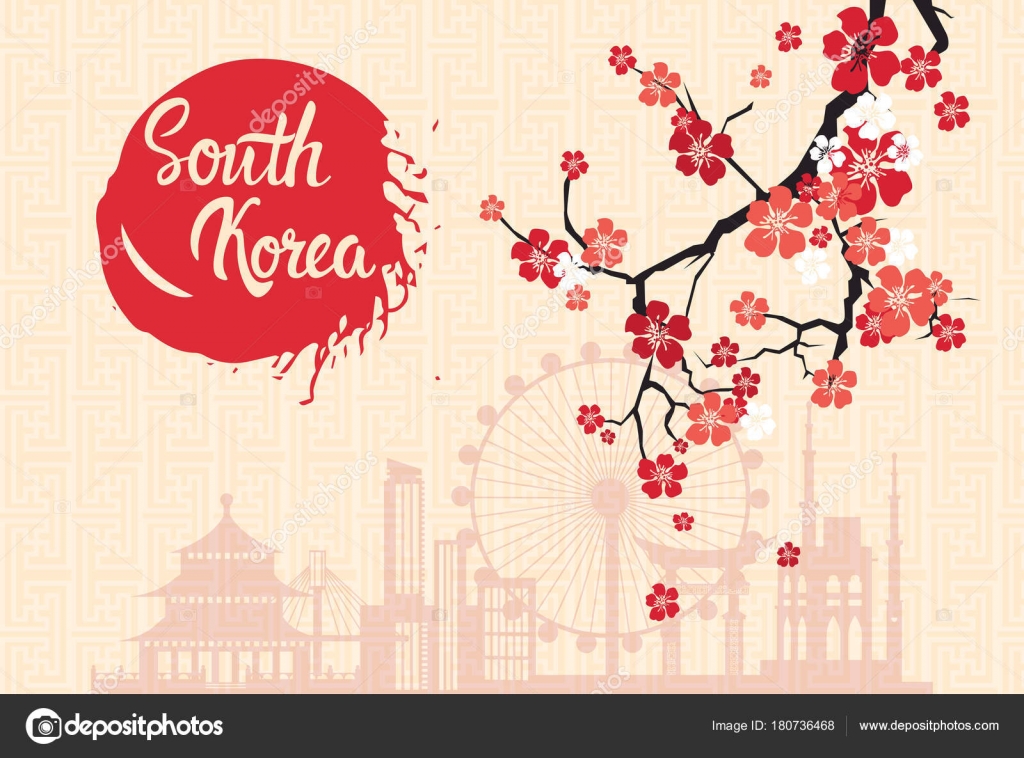 桜の花レトロなソウル ポスターで飾られた韓国のランドマーク シルエット ストックベクター C Mast3r