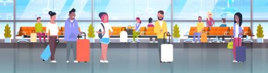 İnsanlarda Havaalanı bekleme salonu veya kalkış Lounge Terminal yatay Banner, Bagaj ile seyahat etmek