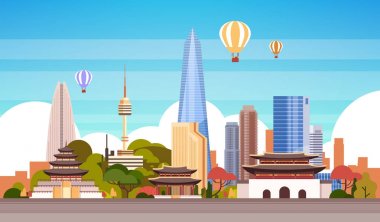 Seoul City arka plan manzarası görünümüyle gökdelenler ve ünlü simge üzerinde uçan hava balonu