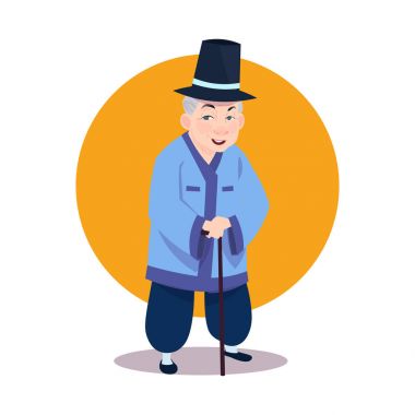 Asya ihtiyar geleneksel Kore kostüm kıdemli dedesi sopa ile ulusal Kore kıyafetleri