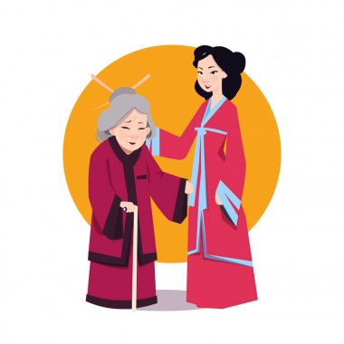 İki Asyalı Japon Kimono genç kız ve kıdemli geleneksel elbise Bayan