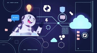 Sohbet etmek Robot teknolojisi, dijital Tablet sanal yardım ve Web destek kavramı kullanarak Chatterbot