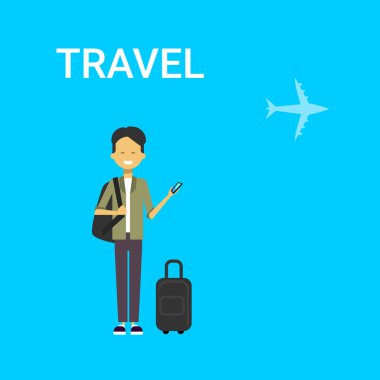 Adam Gezgin akıllı Holding Torbalı telefon Gadget genç Çince adam seyahat hava üzerinde mavi arka plan ile uçak