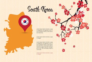 Sakura şube dekorasyon şablon Banner kopya alanı ile Güney Kore harita Kore bayrağı işaretçi güzel çiçeği