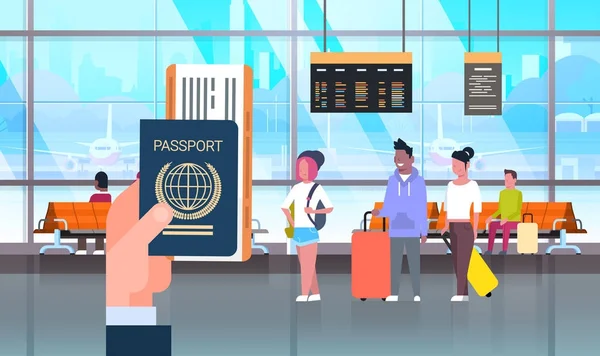 Hand Hold Passport And Ticket Over People In Airport On Backgroound Travelers With Baggage At Waiting Hall — Stock Vector