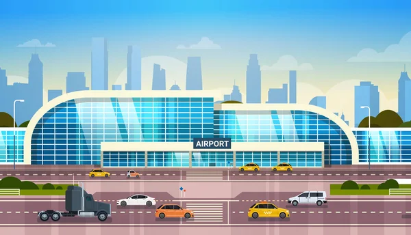 Aeropuerto edificio moderno terminal exterior con coches en carretera de alta vía y rascacielos en segundo plano — Vector de stock