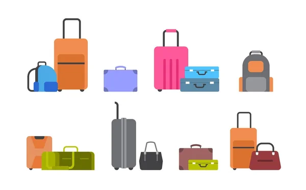 Maletas, bolsas y mochilas Conjunto de iconos aislados diferentes colección de equipaje — Vector de stock