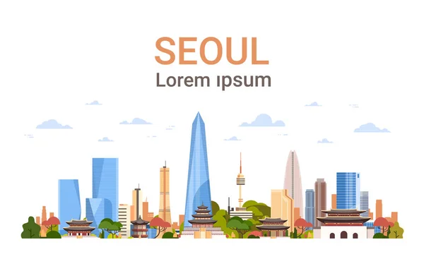 Fondo de la ciudad de Seúl Skyline Corea del Sur Vista Con Rascacielos Y Famosos Lugares de interés Plantilla Banner Con Espacio De Copia — Vector de stock