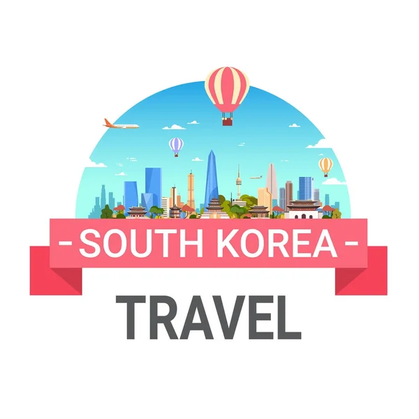 Cartel de viaje de Corea del Sur Vista panorámica del paisaje de Seúl con rascacielos y famosos lugares de interés Diseño de etiquetas de turismo — Vector de stock
