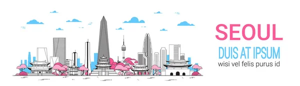 Σεούλ πόλη φόντο ορίζοντα Νότια Κορέα με ουρανοξύστες και διάσημα ορόσημα πρότυπο οριζόντια Banner — Διανυσματικό Αρχείο