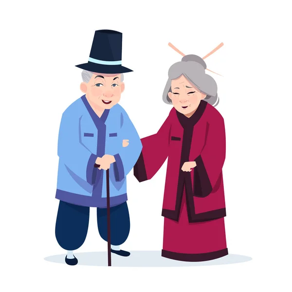 Senior asiatico coppia indossare tradizionale costumi vecchio uomo e donna su sfondo bianco — Vettoriale Stock
