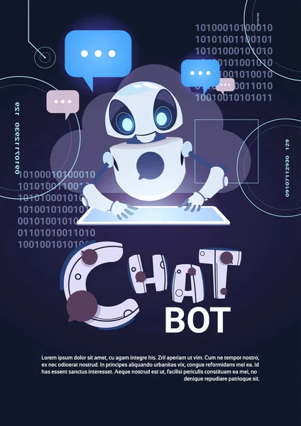 Chatbot Robot Tecnologia, Chatterbot utilizzando Digital Tablet Virtual Assistance e Web Support Concept Template Banner con spazio di copia — Vettoriale Stock