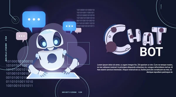 Tecnologia Chatbot, chiacchiere robotiche utilizzando l'assistenza virtuale del tablet digitale e il banner del modello di supporto Web con spazio di copia — Vettoriale Stock
